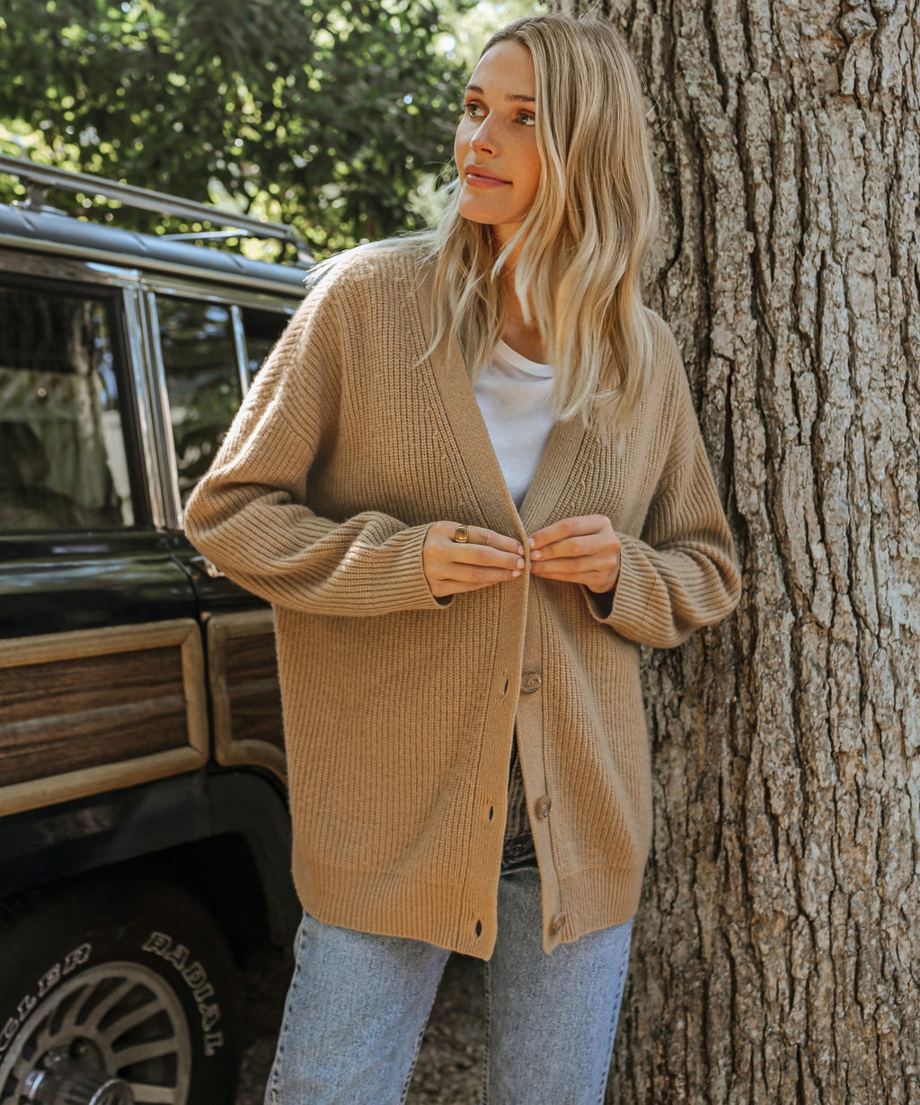Women's Oversized V-Neck Cardigan Button-Up Ribbed Knit Casual Winter Sweater - Lolly 