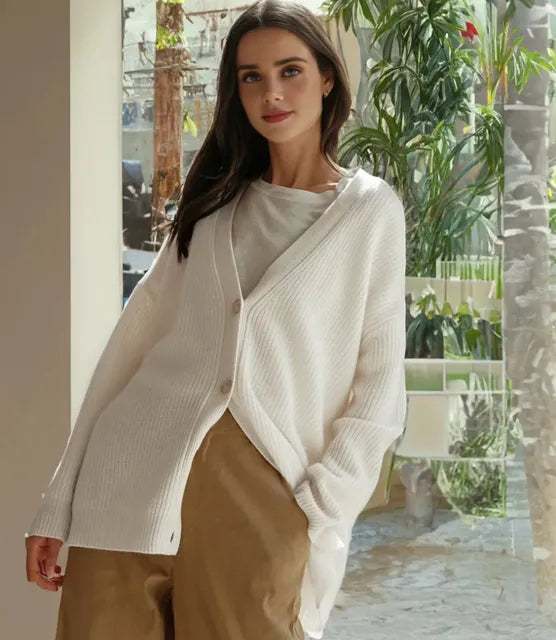 Women's Oversized V-Neck Cardigan Button-Up Ribbed Knit Casual Winter Sweater - Lolly 