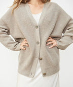 Women's Oversized V-Neck Cardigan Button-Up Ribbed Knit Casual Winter Sweater - Lolly 