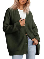 Women's Oversized V-Neck Cardigan Button-Up Ribbed Knit Casual Winter Sweater - Lolly 