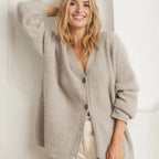 Women's Oversized V-Neck Cardigan Button-Up Ribbed Knit Casual Winter Sweater - Lolly 