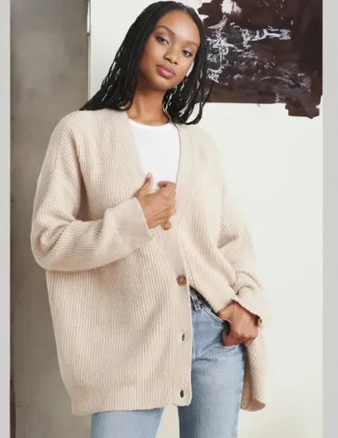 Women's Oversized V-Neck Cardigan Button-Up Ribbed Knit Casual Winter Sweater - Lolly 