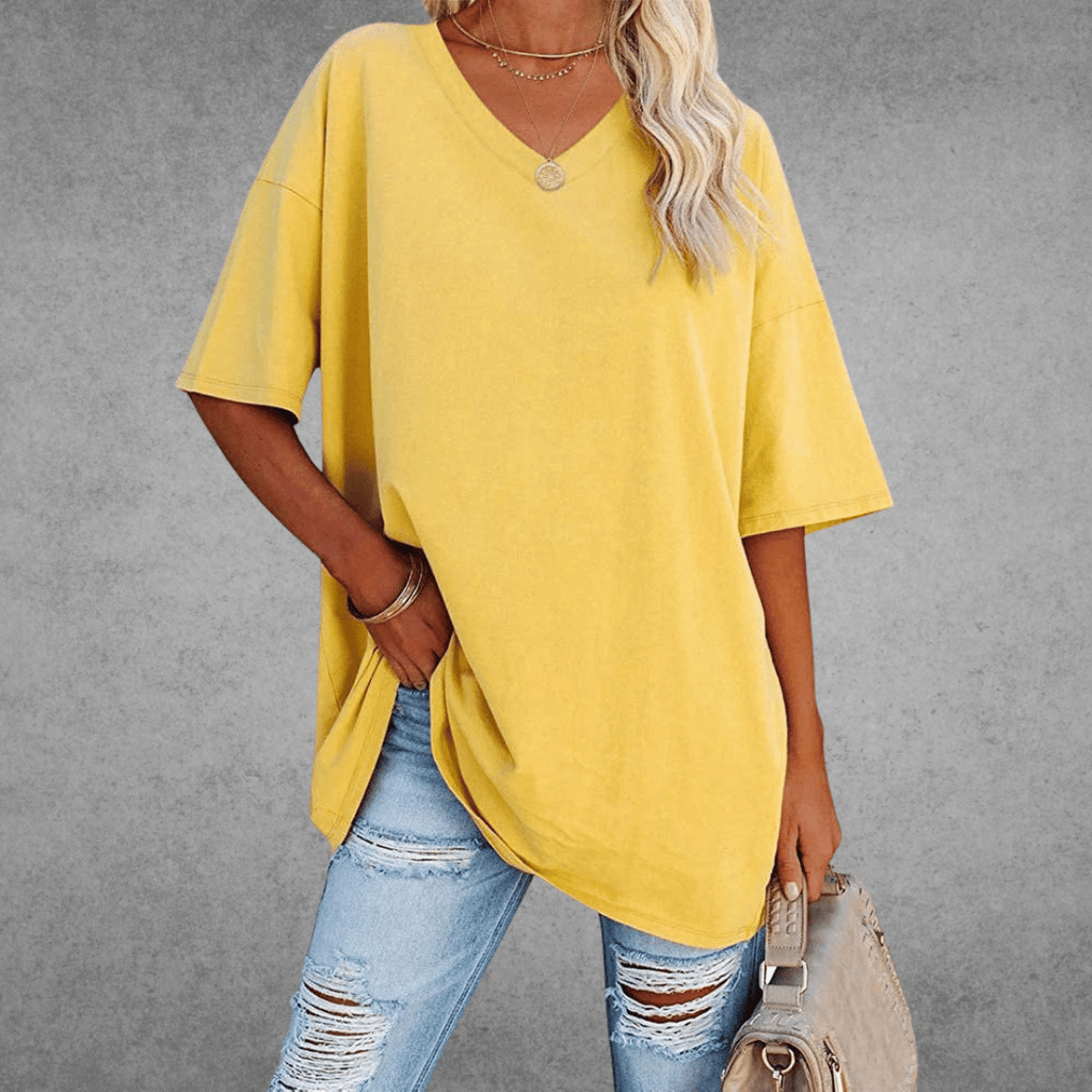 Women's Oversized V-Neck T-Shirt Casual Everyday Relaxed Fit Short Sleeve Comfortable Basic Tee – Kate - Lolly 