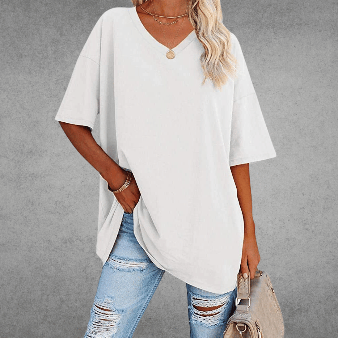 Women's Oversized V-Neck T-Shirt Casual Everyday Relaxed Fit Short Sleeve Comfortable Basic Tee – Kate - Lolly 