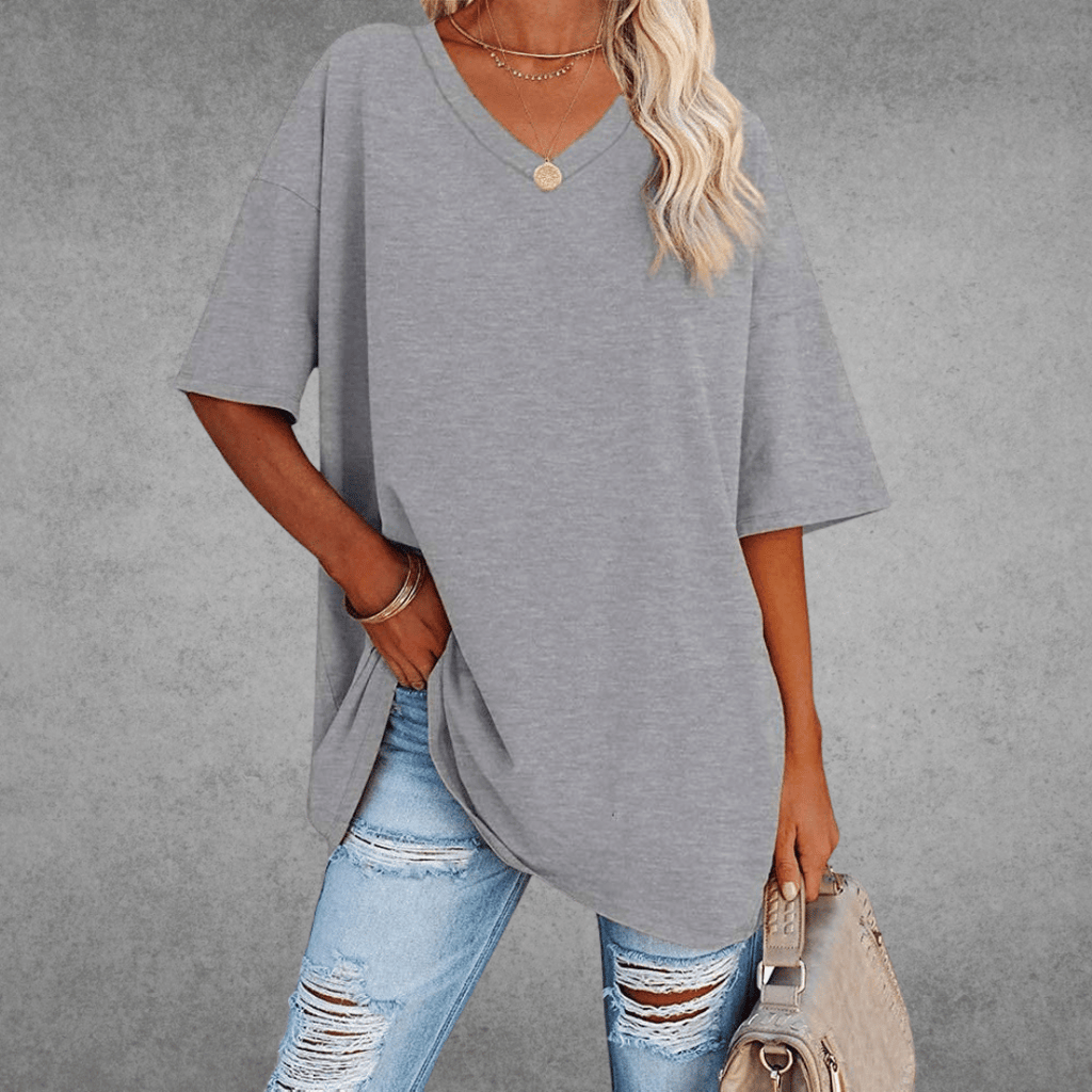 Women's Oversized V-Neck T-Shirt Casual Everyday Relaxed Fit Short Sleeve Comfortable Basic Tee – Kate - Lolly 