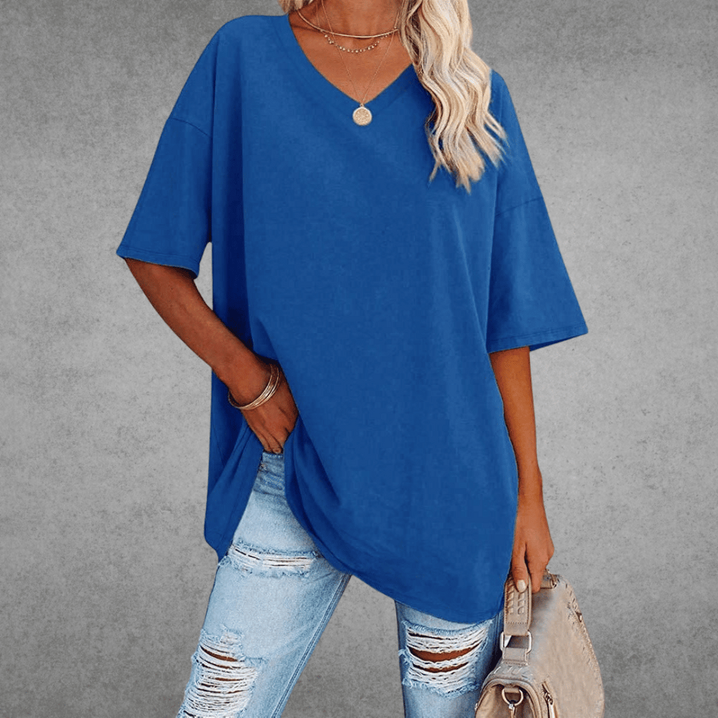 Women's Oversized V-Neck T-Shirt Casual Everyday Relaxed Fit Short Sleeve Comfortable Basic Tee – Kate - Lolly 