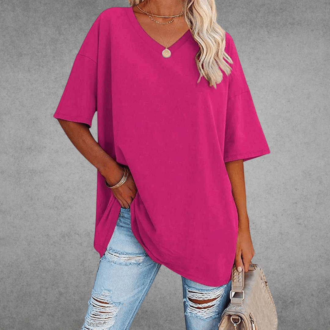 Women's Oversized V-Neck T-Shirt Casual Everyday Relaxed Fit Short Sleeve Comfortable Basic Tee – Kate - Lolly 
