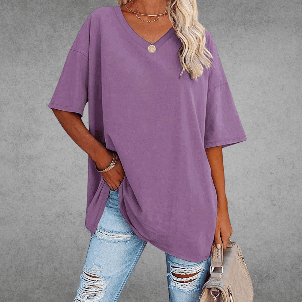 Women's Oversized V-Neck T-Shirt Casual Everyday Relaxed Fit Short Sleeve Comfortable Basic Tee – Kate - Lolly 