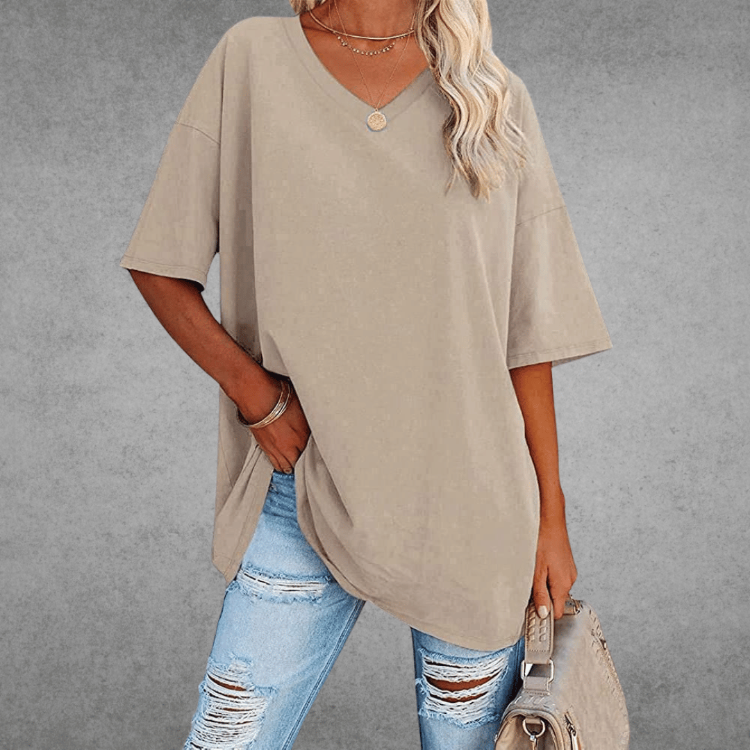 Women's Oversized V-Neck T-Shirt Casual Everyday Relaxed Fit Short Sleeve Comfortable Basic Tee – Kate - Lolly 