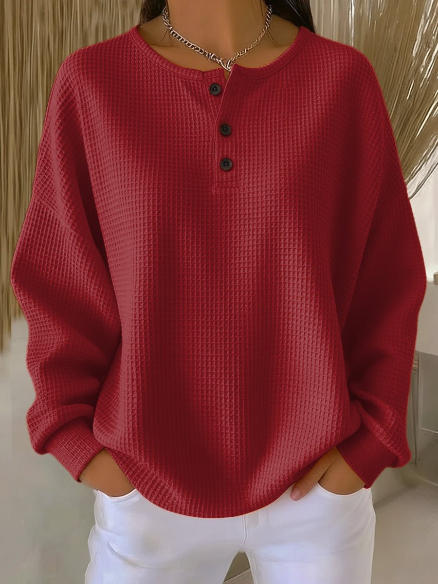 Women's Oversized Waffle Knit Henley Pullover Casual Fall Winter Sweater - Lolly 