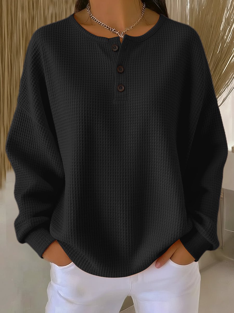 Women's Oversized Waffle Knit Henley Pullover Casual Fall Winter Sweater - Lolly 