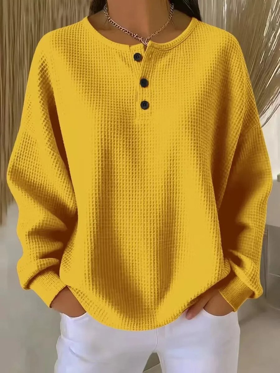 Women's Oversized Waffle Knit Henley Pullover Casual Fall Winter Sweater - Lolly 