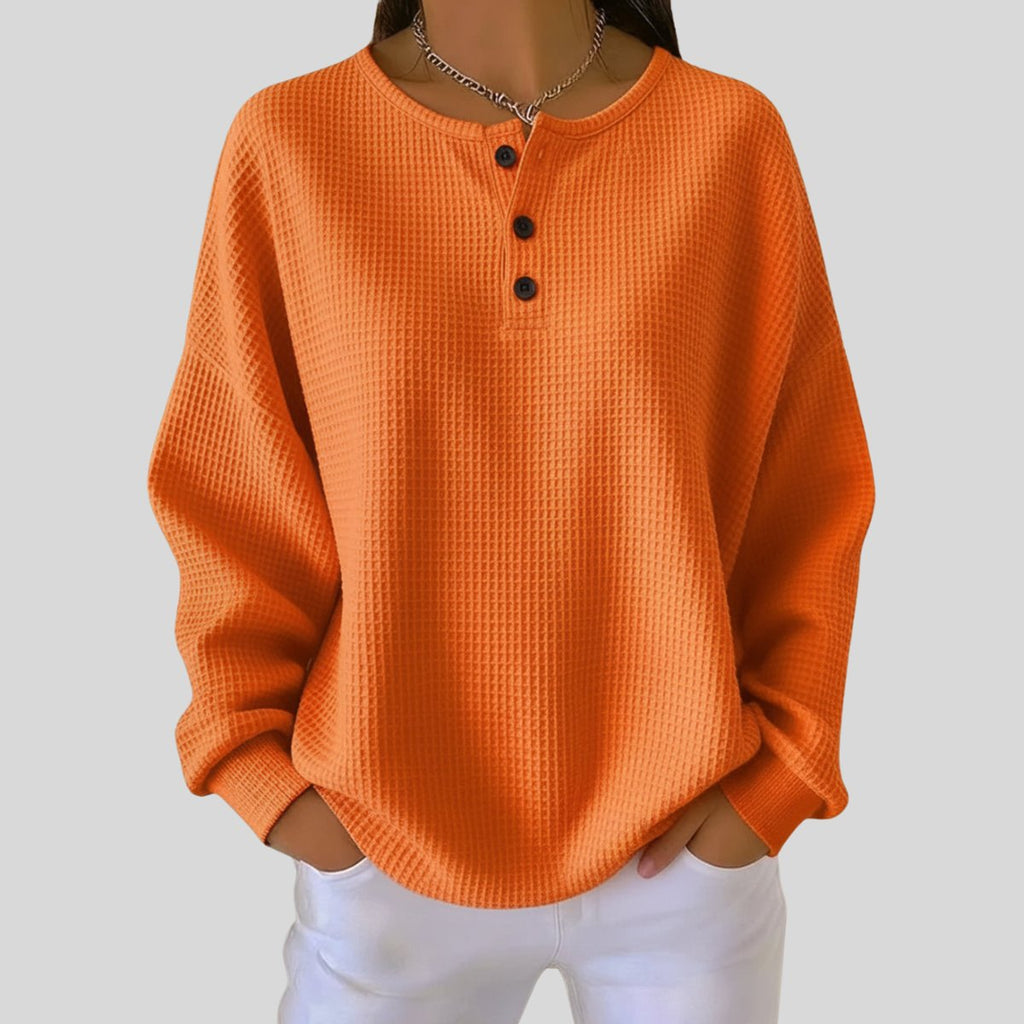 Women's Oversized Waffle Knit Henley Pullover Casual Fall Winter Sweater - Lolly 
