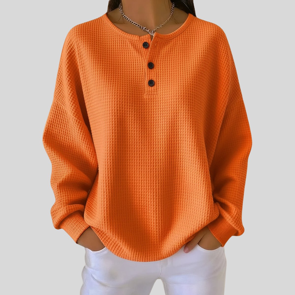 Women's Oversized Waffle Knit Henley Pullover Casual Fall Winter Sweater - Lolly 