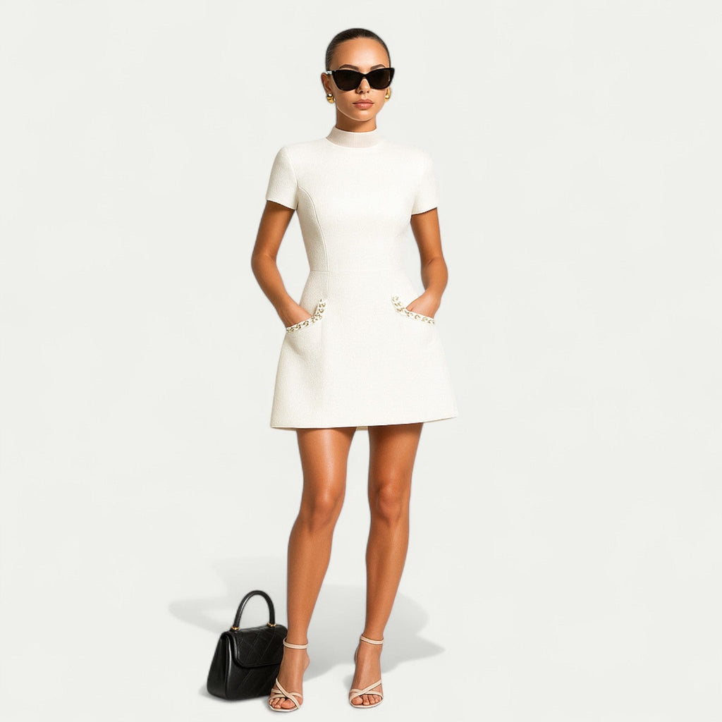 Women's Pearl Trim Mini Dress Short Sleeve Above-the-Knee Formal Chic Date Night Party Work Office Everyday – WhyRose - Lolly 