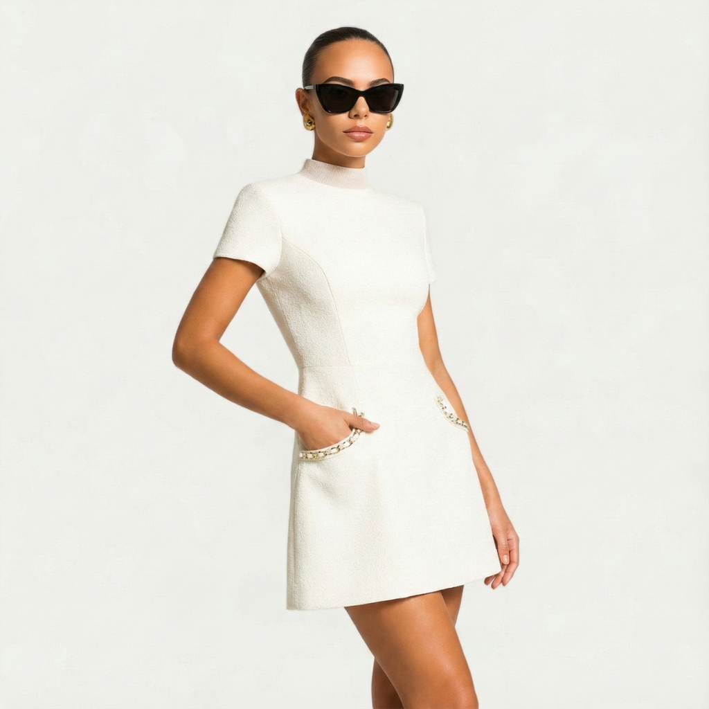 Women's Pearl Trim Mini Dress Short Sleeve Above-the-Knee Formal Chic Date Night Party Work Office Everyday – WhyRose - Lolly 