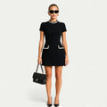 Women's Pearl Trim Mini Dress Short Sleeve Above-the-Knee Formal Chic Date Night Party Work Office Everyday – WhyRose - Lolly 
