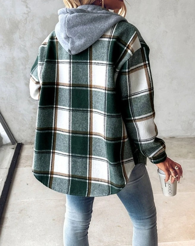Women's Plaid Flannel Shacket Hooded Button-Down Casual Fall Winter Jacket - Lolly 