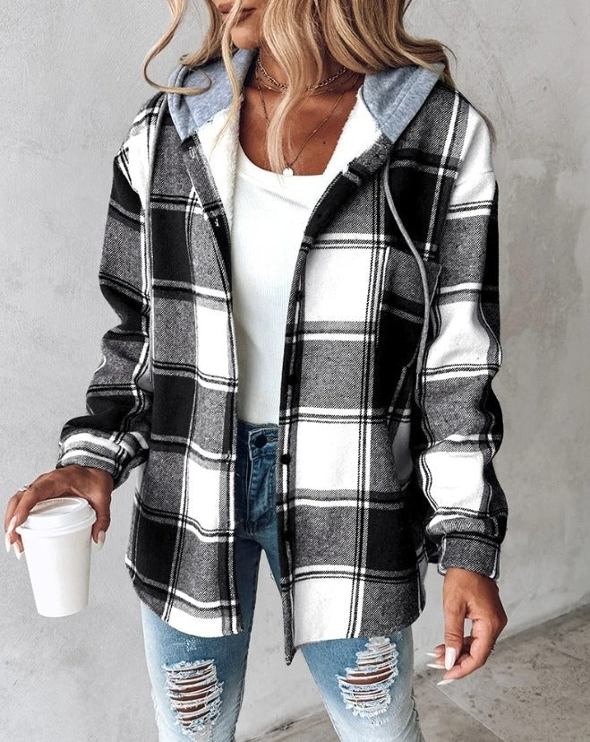 Women's Plaid Flannel Shacket Hooded Button-Down Casual Fall Winter Jacket - Lolly 