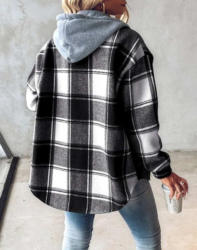 Women's Plaid Flannel Shacket Hooded Button-Down Casual Fall Winter Jacket - Lolly 