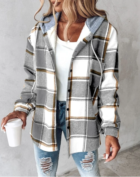 Women's Plaid Flannel Shacket Hooded Button-Down Casual Fall Winter Jacket - Lolly 