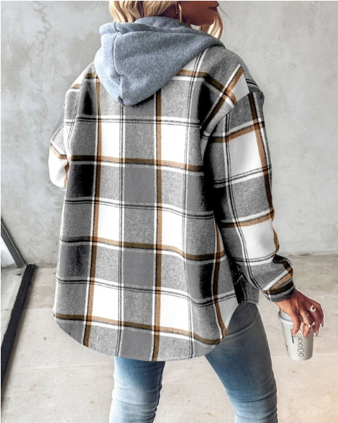 Women's Plaid Flannel Shacket Hooded Button-Down Casual Fall Winter Jacket - Lolly 