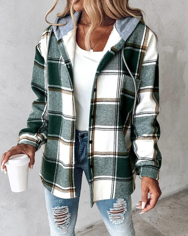 Women's Plaid Flannel Shacket Hooded Button-Down Casual Fall Winter Jacket - Lolly 