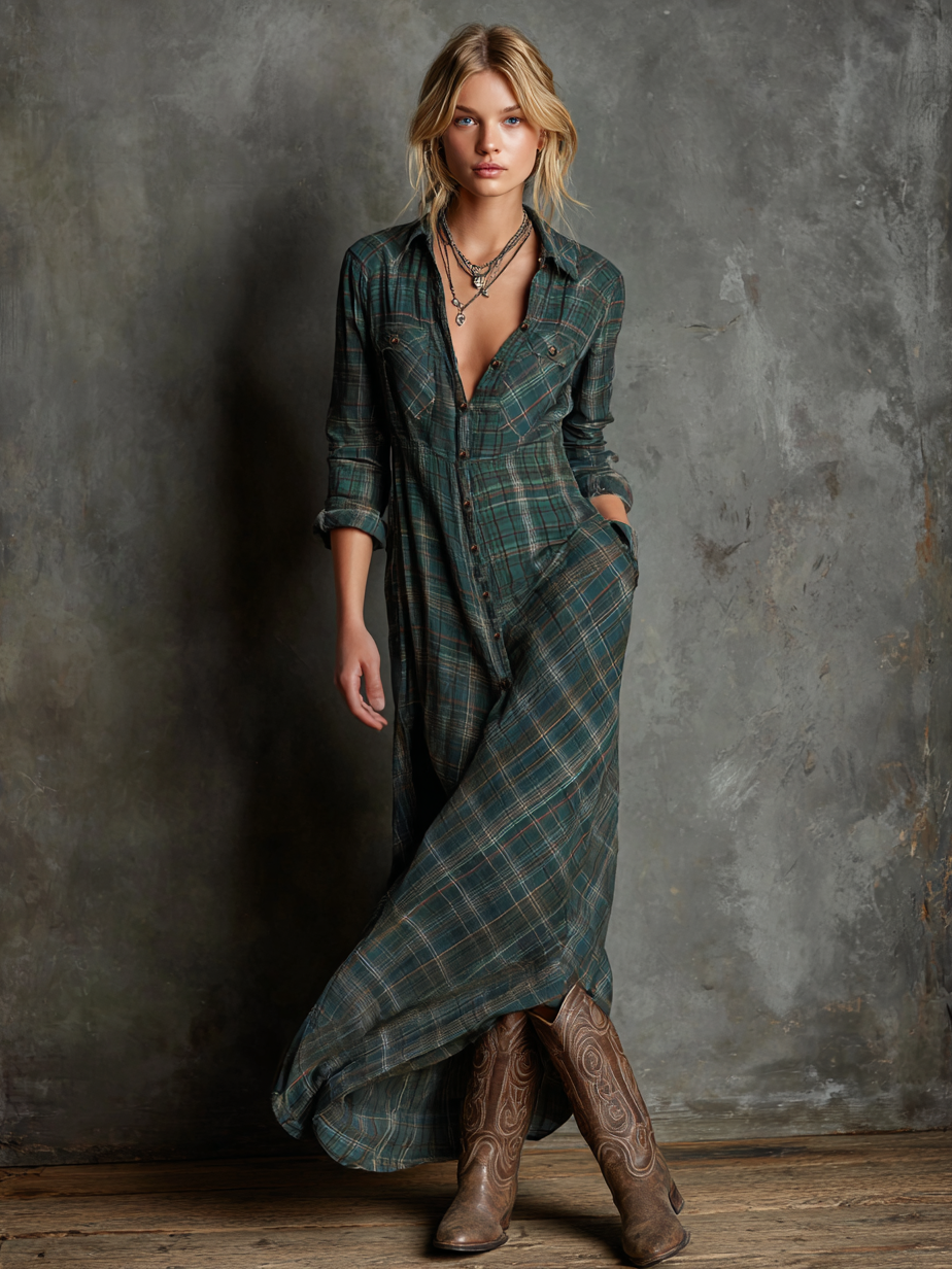 Women's Plaid Lapel Single-Breasted Shirt Long Dress Long Sleeve Casual Elegant – Green Tartan - Lolly 