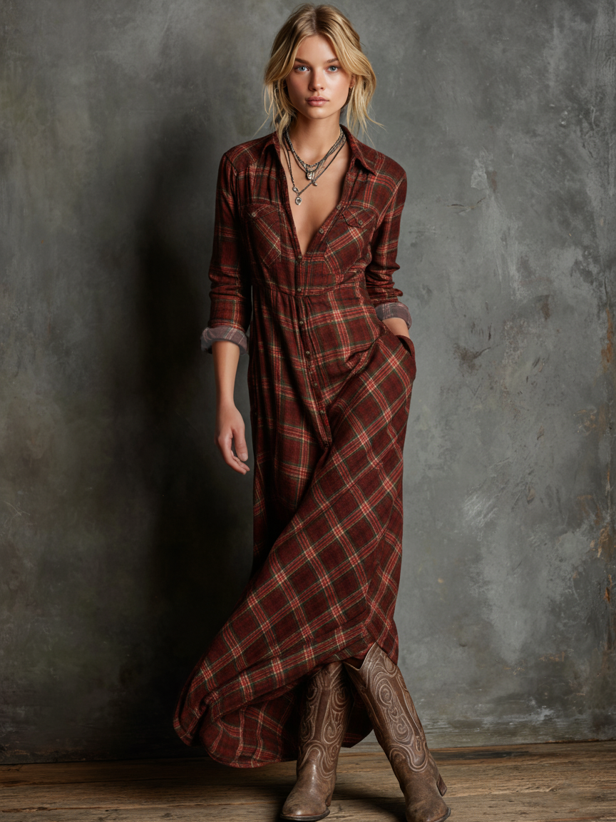 Women's Plaid Lapel Single-Breasted Shirt Long Dress Long Sleeve Casual Elegant – Green Tartan - Lolly 