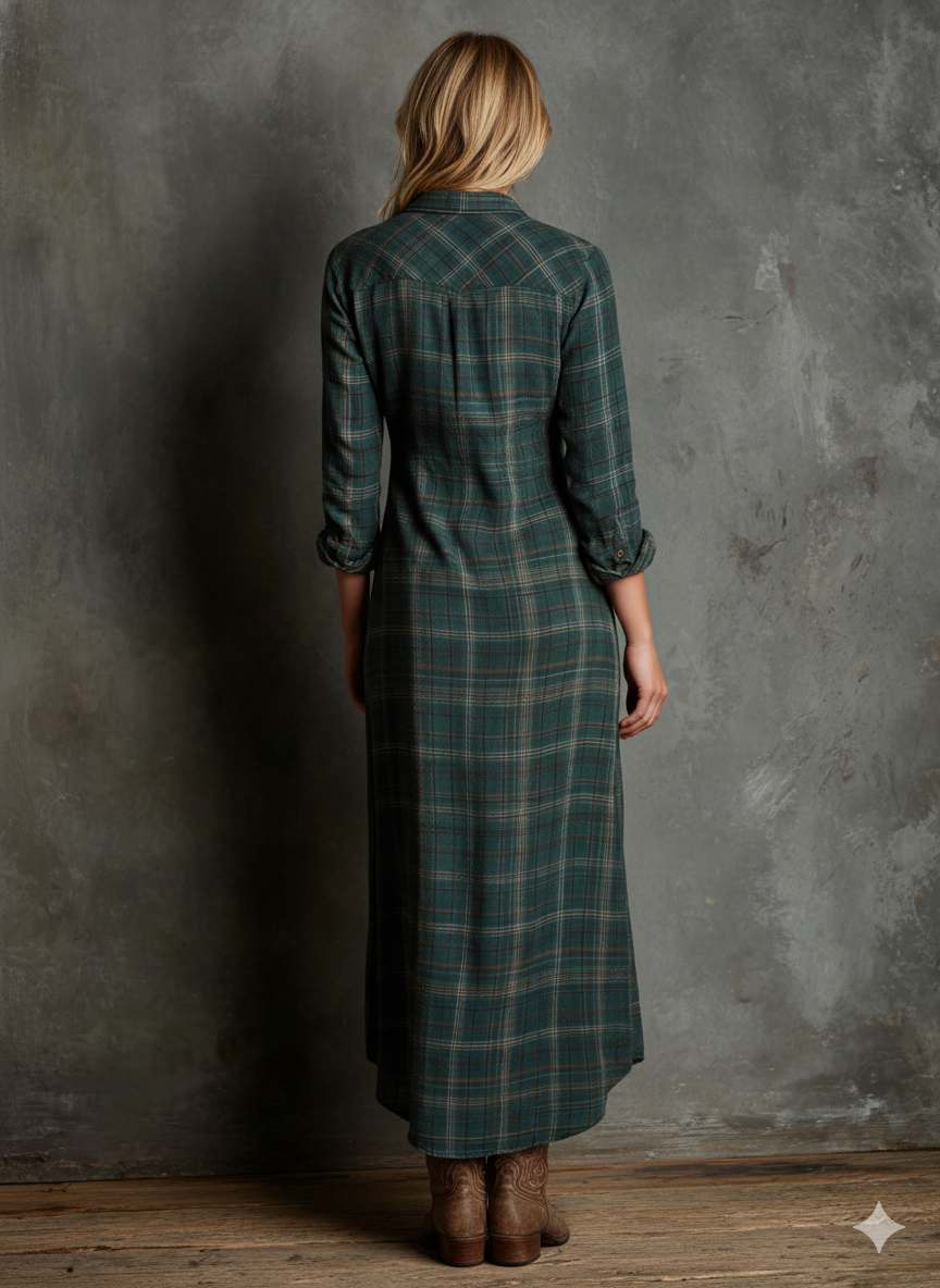Women's Plaid Lapel Single-Breasted Shirt Long Dress Long Sleeve Casual Elegant – Green Tartan - Lolly 