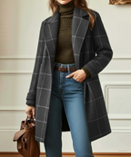 Women's Plaid Wool-Blend Coat Lapel Collar Long Winter Outerwear - Lolly 