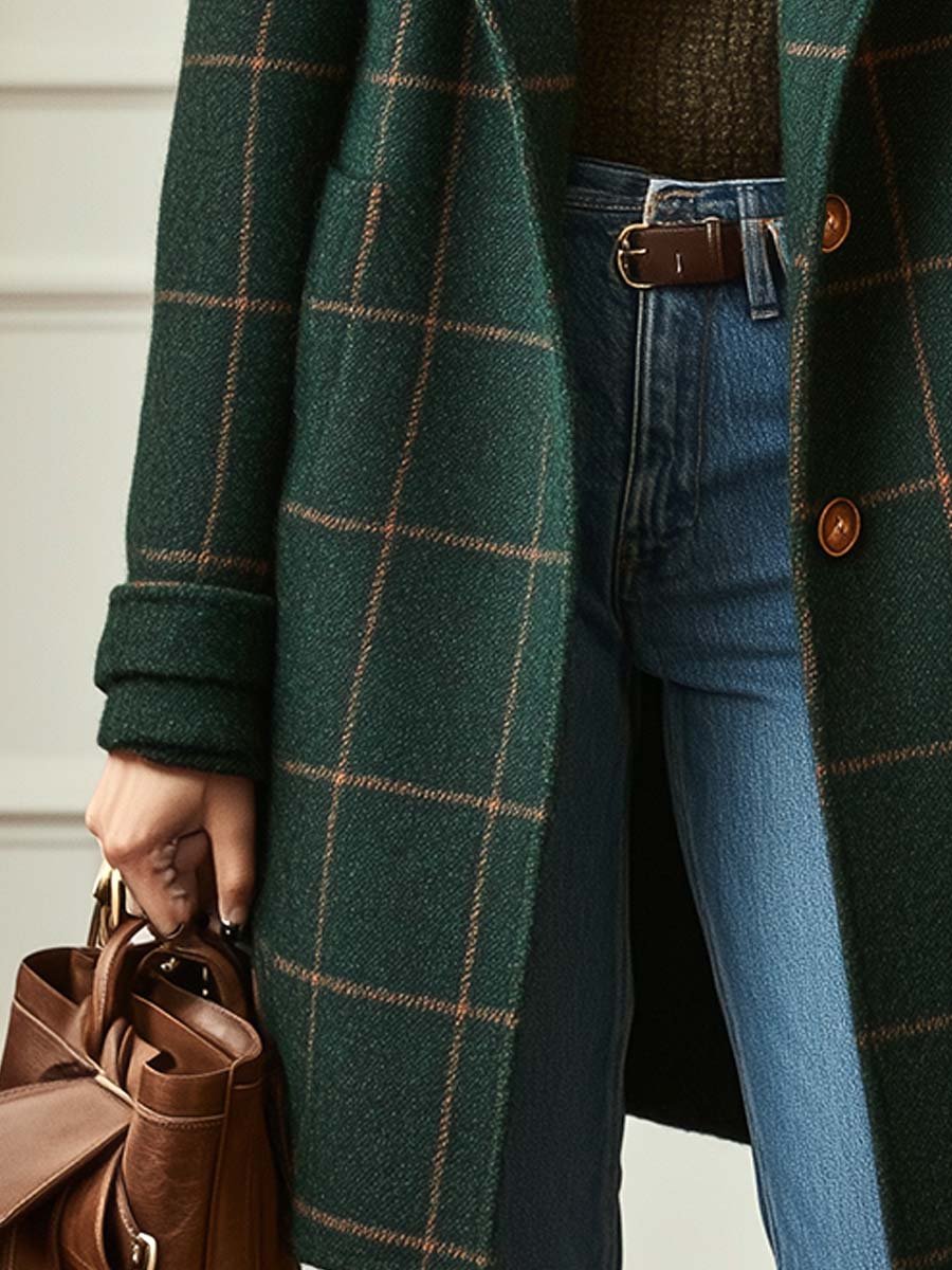 Women's Plaid Wool-Blend Coat Lapel Collar Long Winter Outerwear - Lolly 