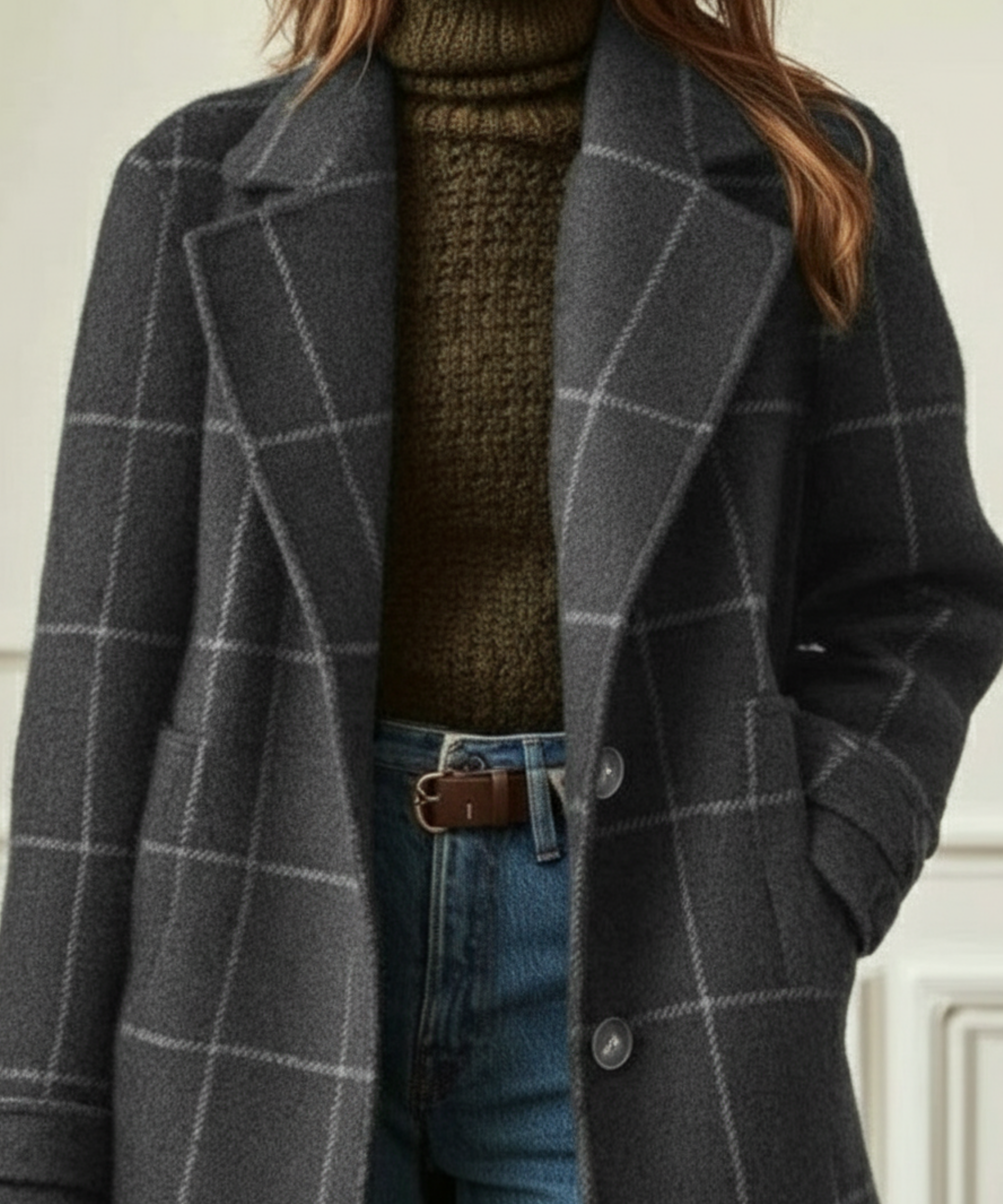 Women's Plaid Wool-Blend Coat Lapel Collar Long Winter Outerwear - Lolly 