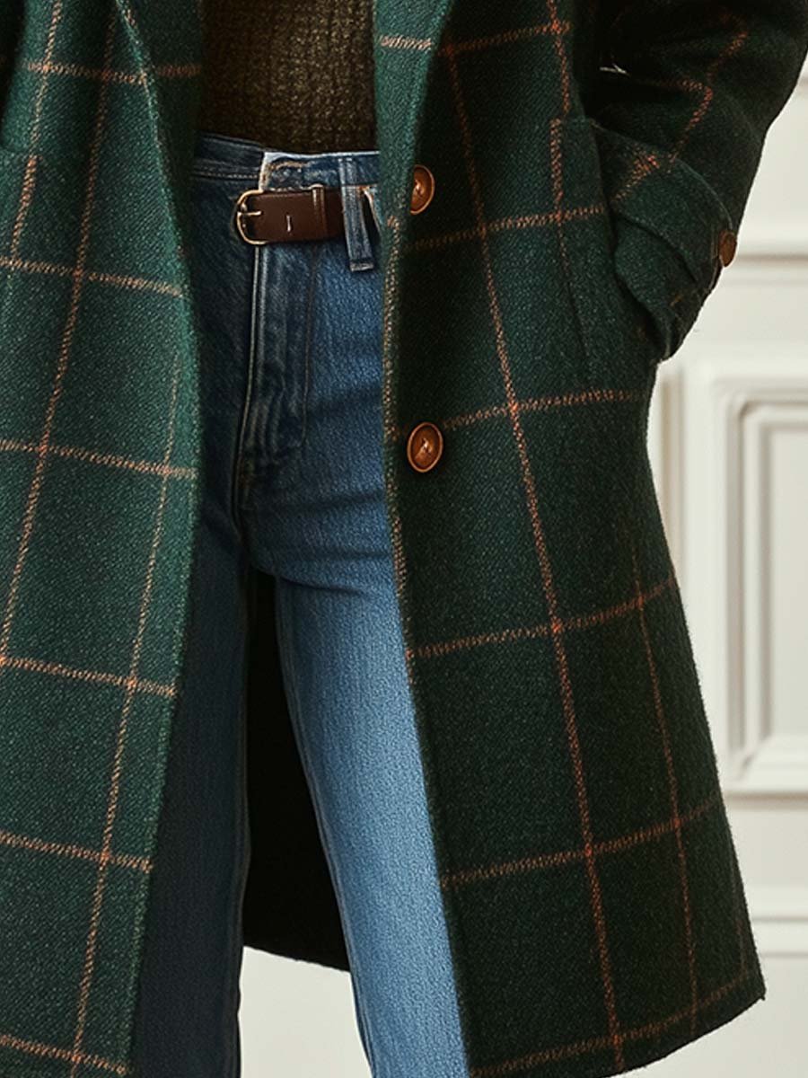 Women's Plaid Wool-Blend Coat Lapel Collar Long Winter Outerwear - Lolly 