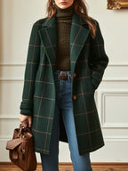 Women's Plaid Wool-Blend Coat Lapel Collar Long Winter Outerwear - Lolly 