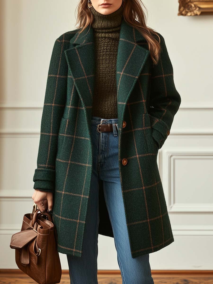 Women's Plaid Wool-Blend Coat Lapel Collar Long Winter Outerwear - Lolly 