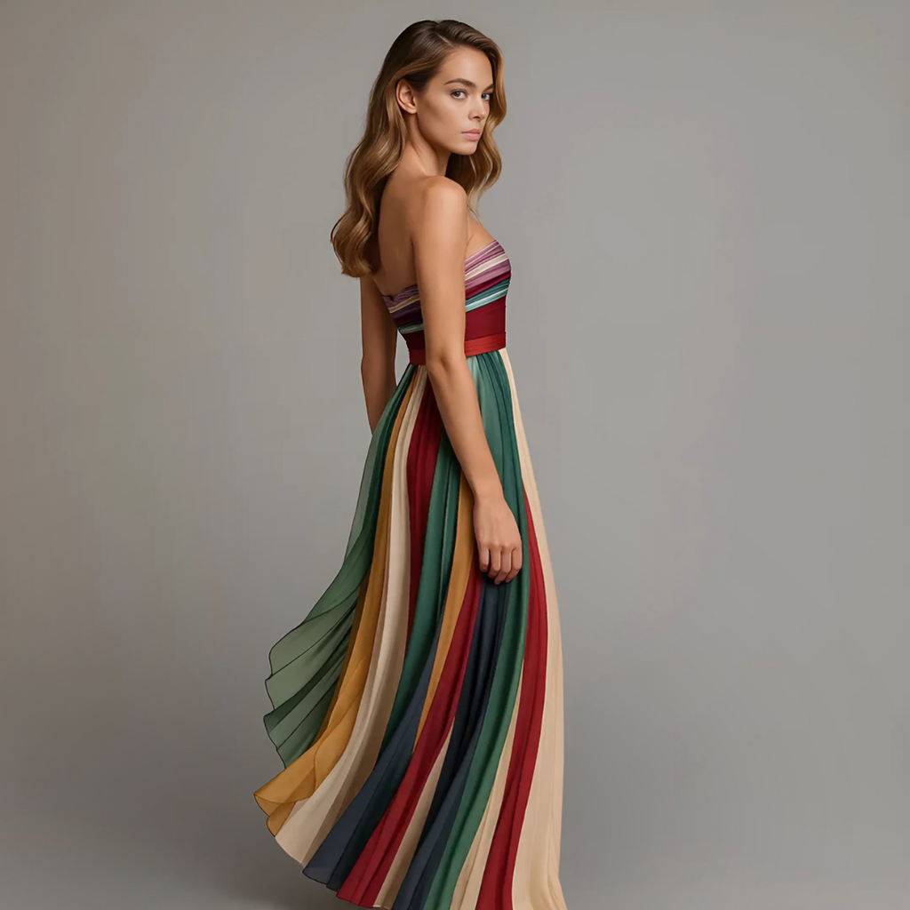 Women's Pleated Long Dress Striped Jewel Tones Strapless Formal Wedding Guest Summer Party – Judith - Lolly 