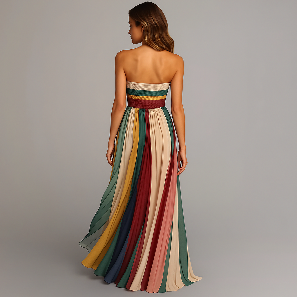 Women's Pleated Long Dress Striped Jewel Tones Strapless Formal Wedding Guest Summer Party – Judith - Lolly 