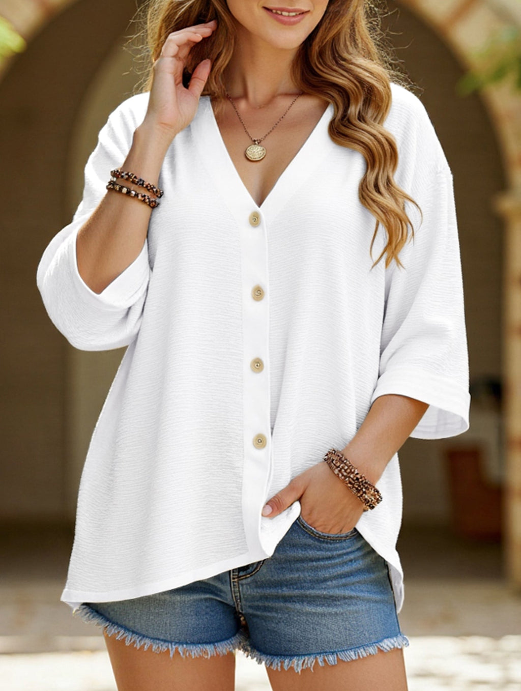 Women's Plus Size V-Neck Button Cardigan Top Sleeve Loose Casual Everyday Blouse – Multicolor - Lolly 
