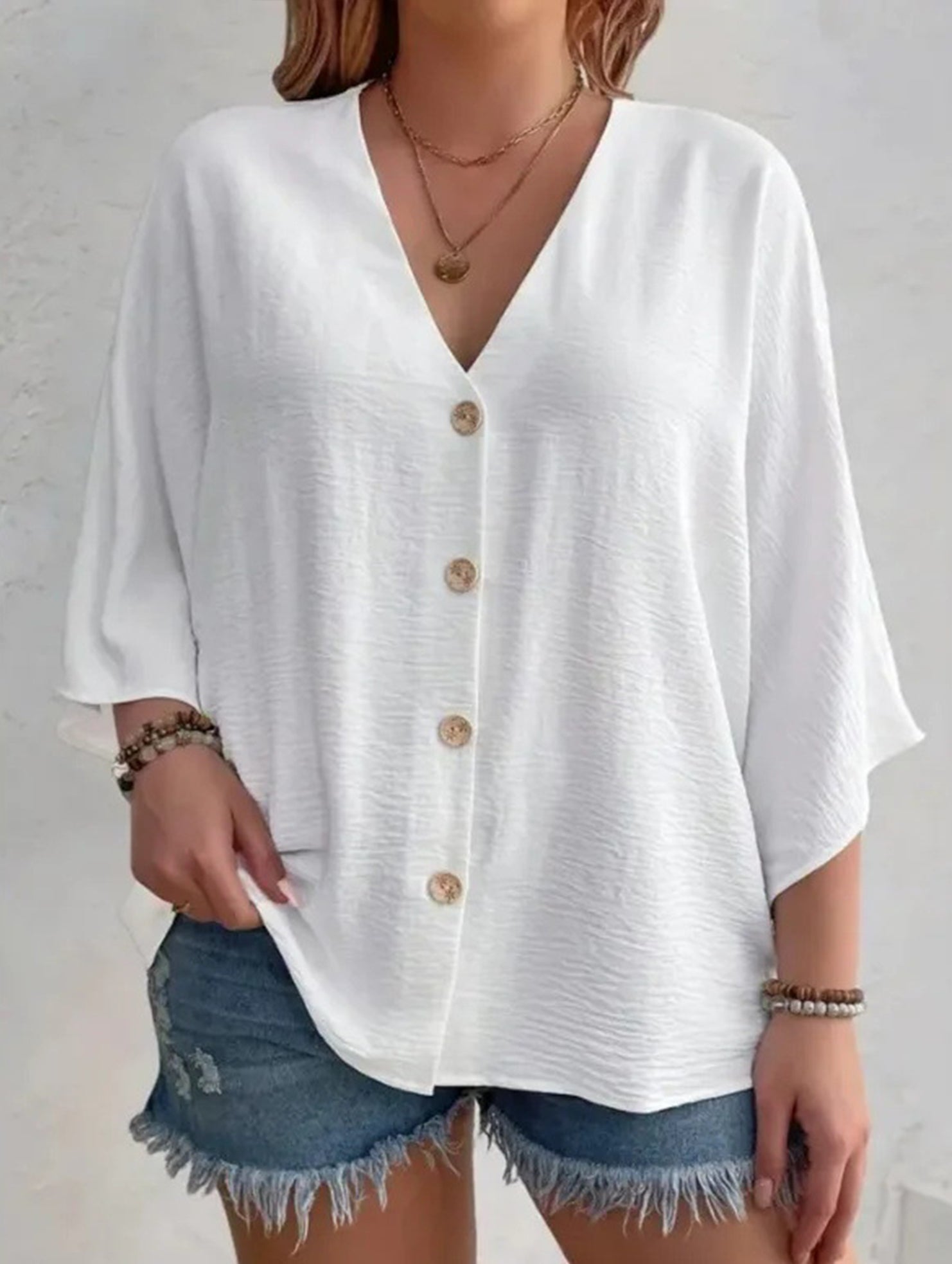 Women's Plus Size V-Neck Button Cardigan Top Sleeve Loose Casual Everyday Blouse – Multicolor - Lolly 