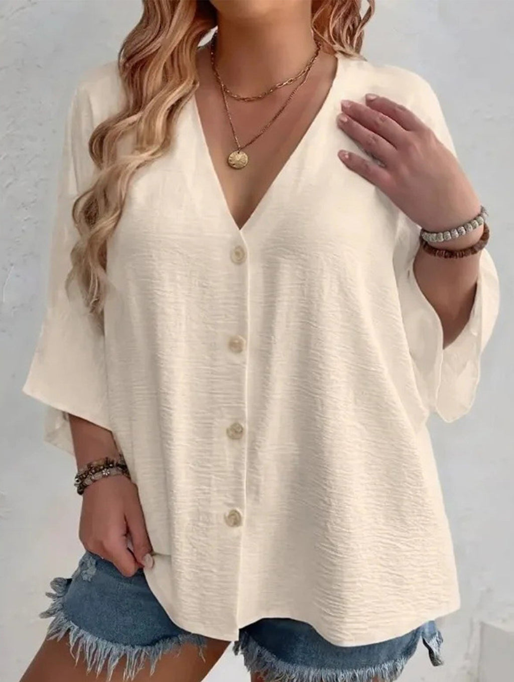 Women's Plus Size V-Neck Button Cardigan Top Sleeve Loose Casual Everyday Blouse – Multicolor - Lolly 