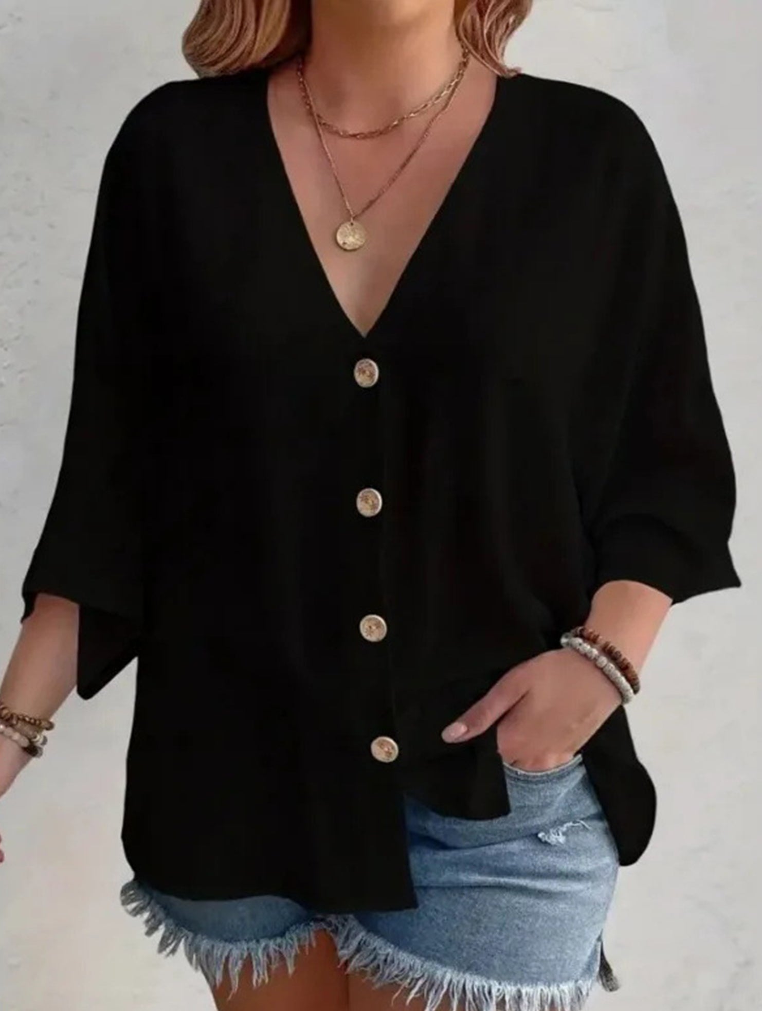 Women's Plus Size V-Neck Button Cardigan Top Sleeve Loose Casual Everyday Blouse – Multicolor - Lolly 
