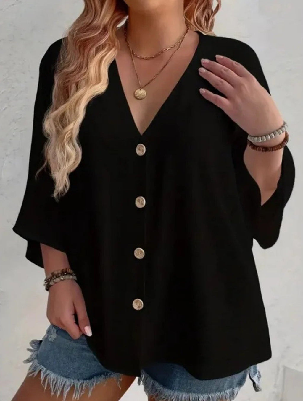 Women's Plus Size V-Neck Button Cardigan Top Sleeve Loose Casual Everyday Blouse – Multicolor - Lolly 