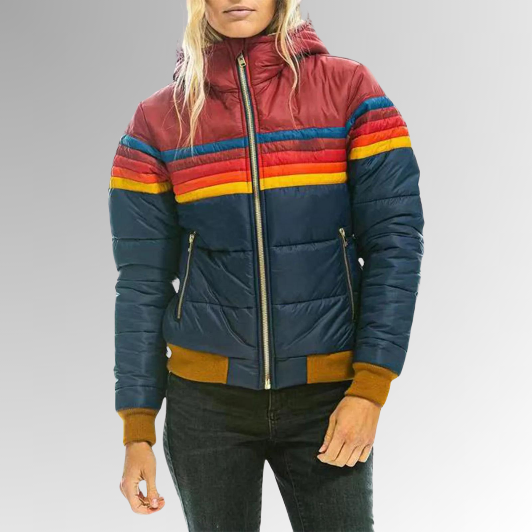 Women's Puffer Jacket – Rainbow Stripe Colorblock with Attached Hood - Lolly 