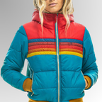 Women's Puffer Jacket – Rainbow Stripe Colorblock with Attached Hood - Lolly 