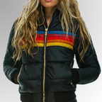 Women's Puffer Jacket – Rainbow Stripe Colorblock with Attached Hood - Lolly 
