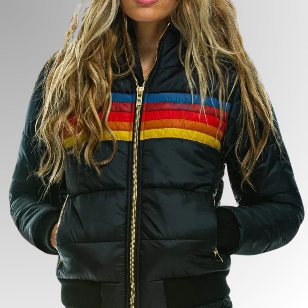 Women's Puffer Jacket – Rainbow Stripe Colorblock with Attached Hood - Lolly 