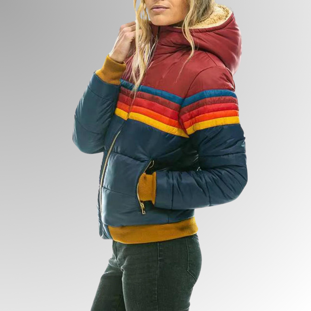 Women's Puffer Jacket – Rainbow Stripe Colorblock with Attached Hood - Lolly 