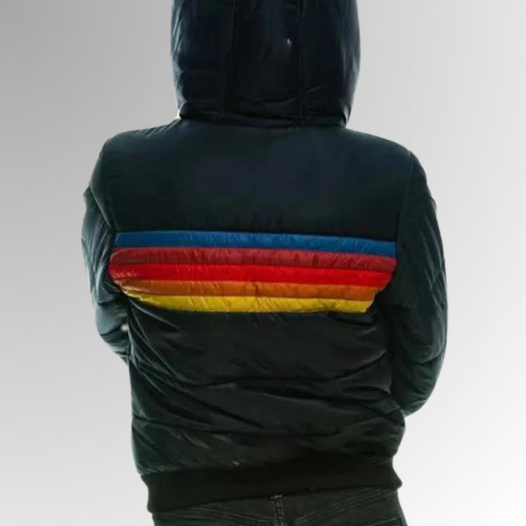 Women's Puffer Jacket – Rainbow Stripe Colorblock with Attached Hood - Lolly 