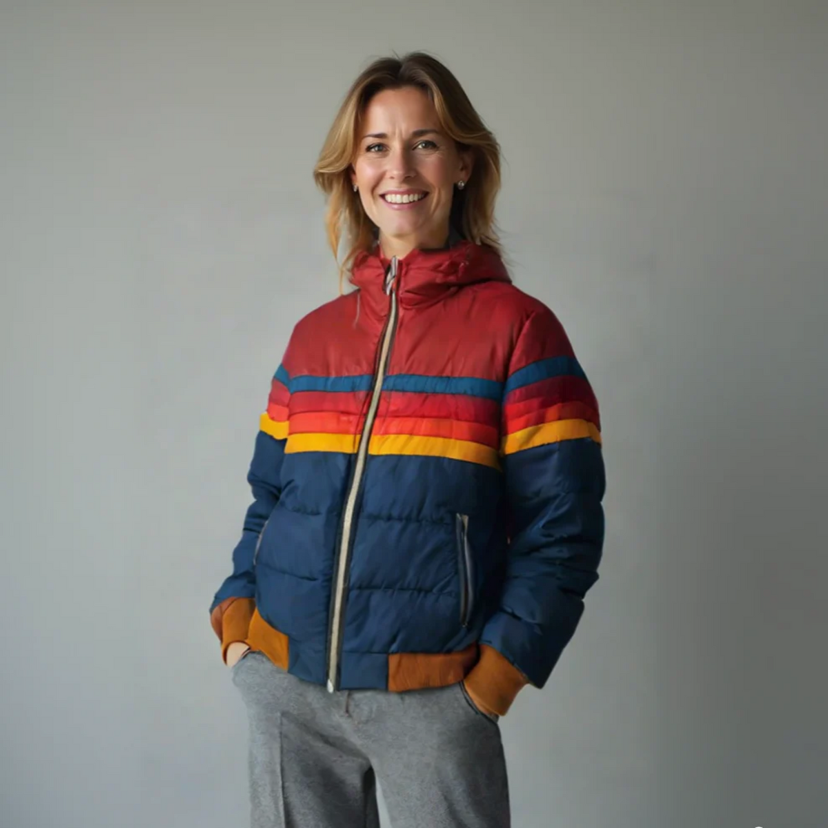 Women's Puffer Jacket – Rainbow Stripe Colorblock with Attached Hood - Lolly 